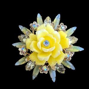 Vintage 1950s Molded Glass Rhinestone Brooch Lucite Flower Yellow AB & Opalite